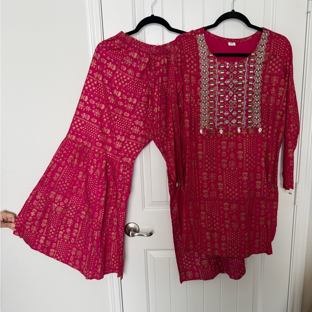 Pink Embroidered Tunic and Flared Pants Set